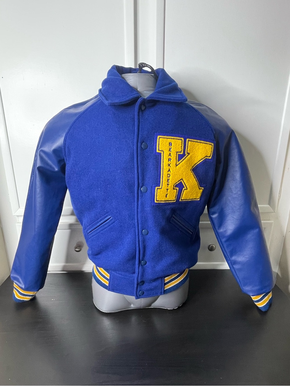 SSR Letterman Varsity Jacket Blue Wool Leather Sleeves Bearkadette XS Like New
